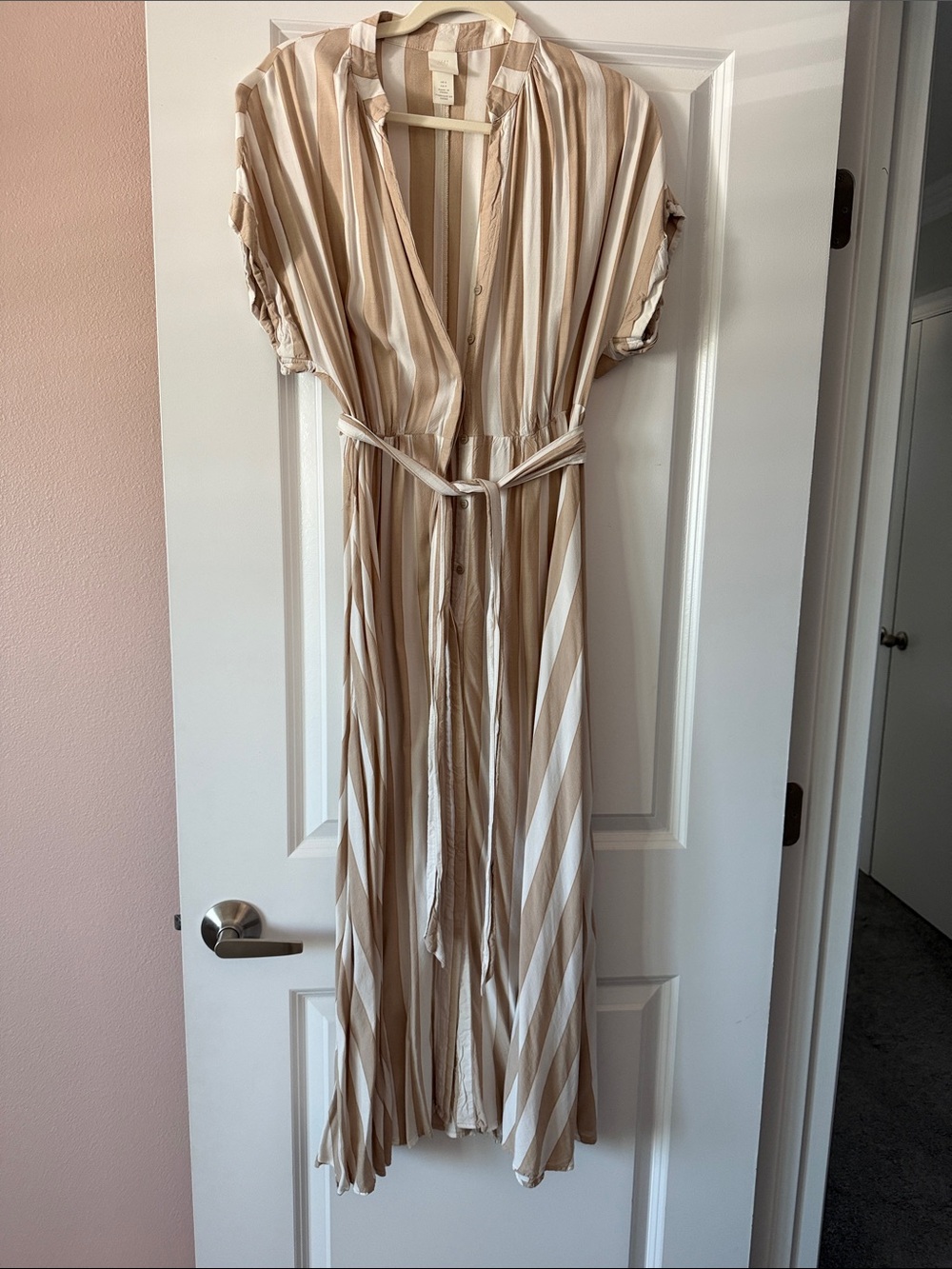 H&M Beige and White Striped Button-Front Maxi Dress with Waist Tie